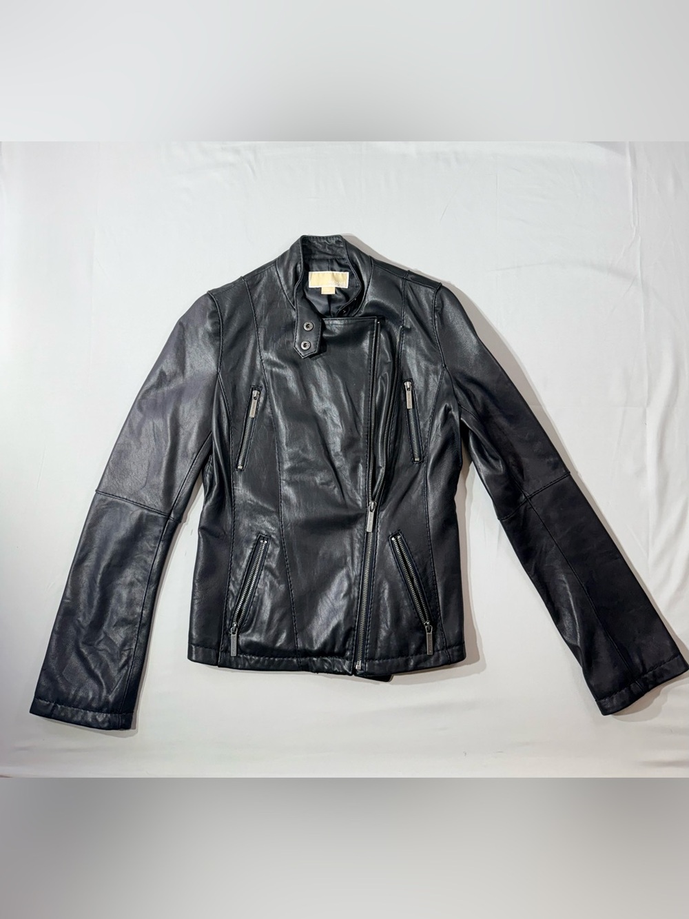 Michael Kors Womens Black Leather Moto Jacket genuine leather S asymmetrical